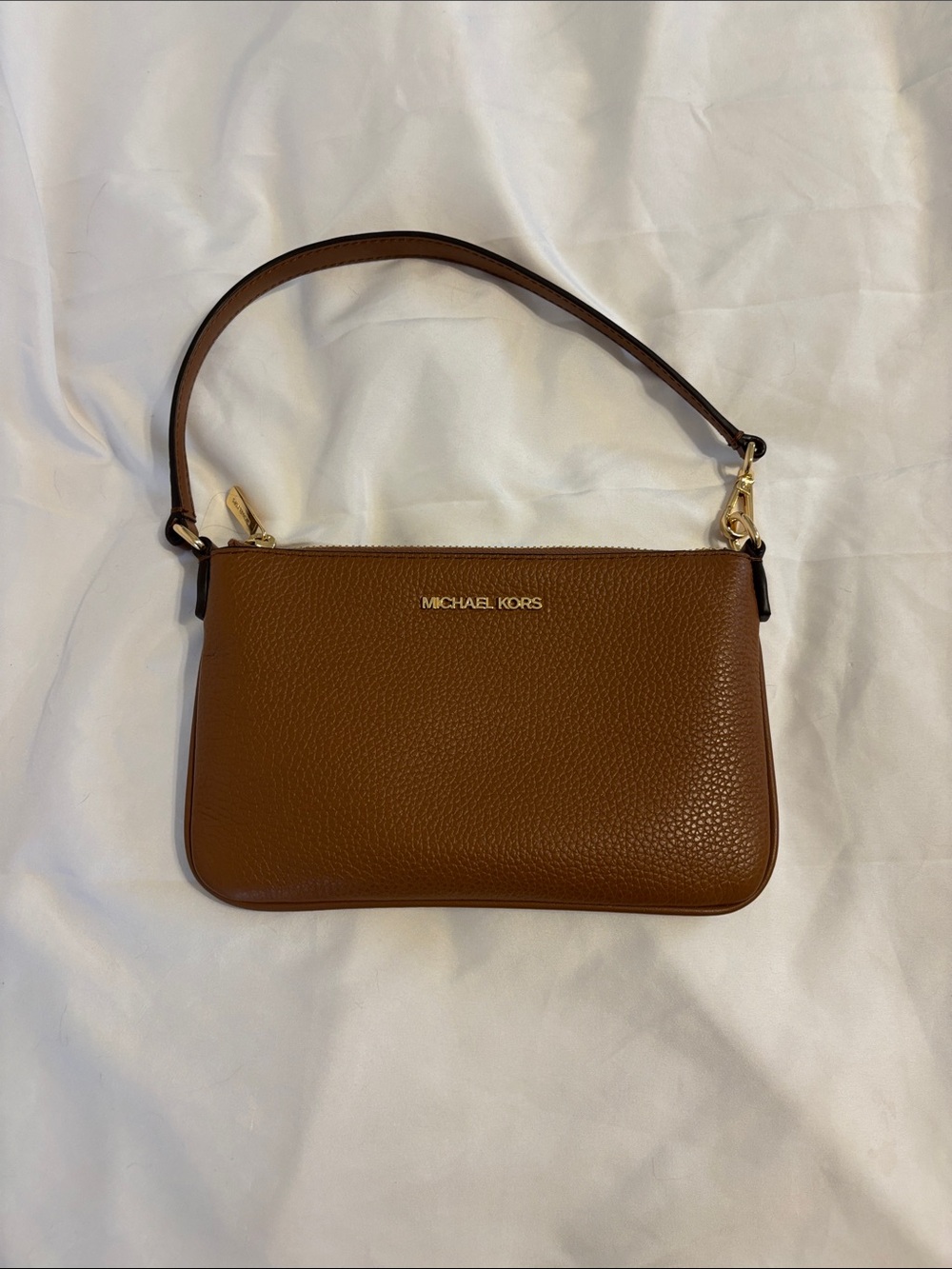 MICHAEL KORS Pebbled Leather Wristlet in Brown with Gold Hardware